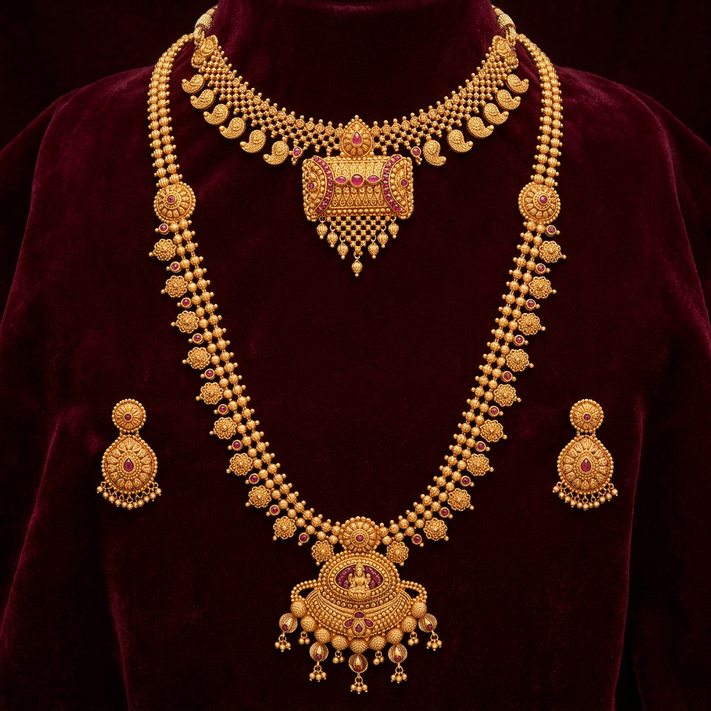 Gold necklace and earrings set displayed on deep red velvet