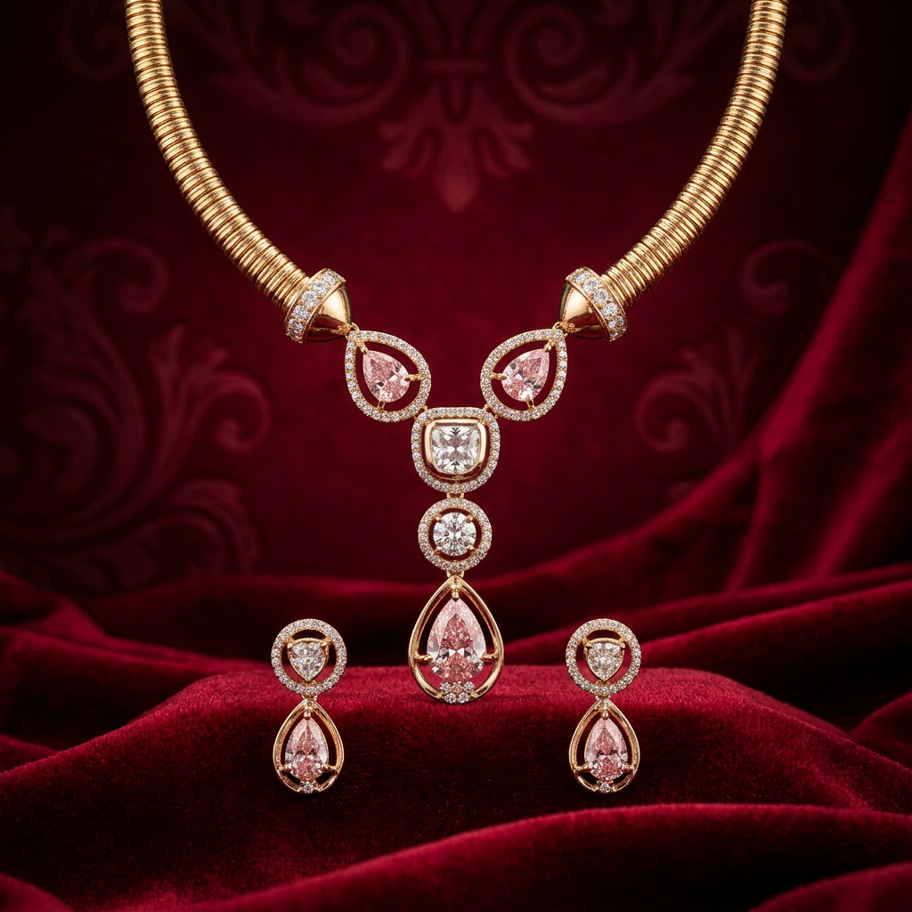 Diamond necklace and earrings displayed on deep red velvet
