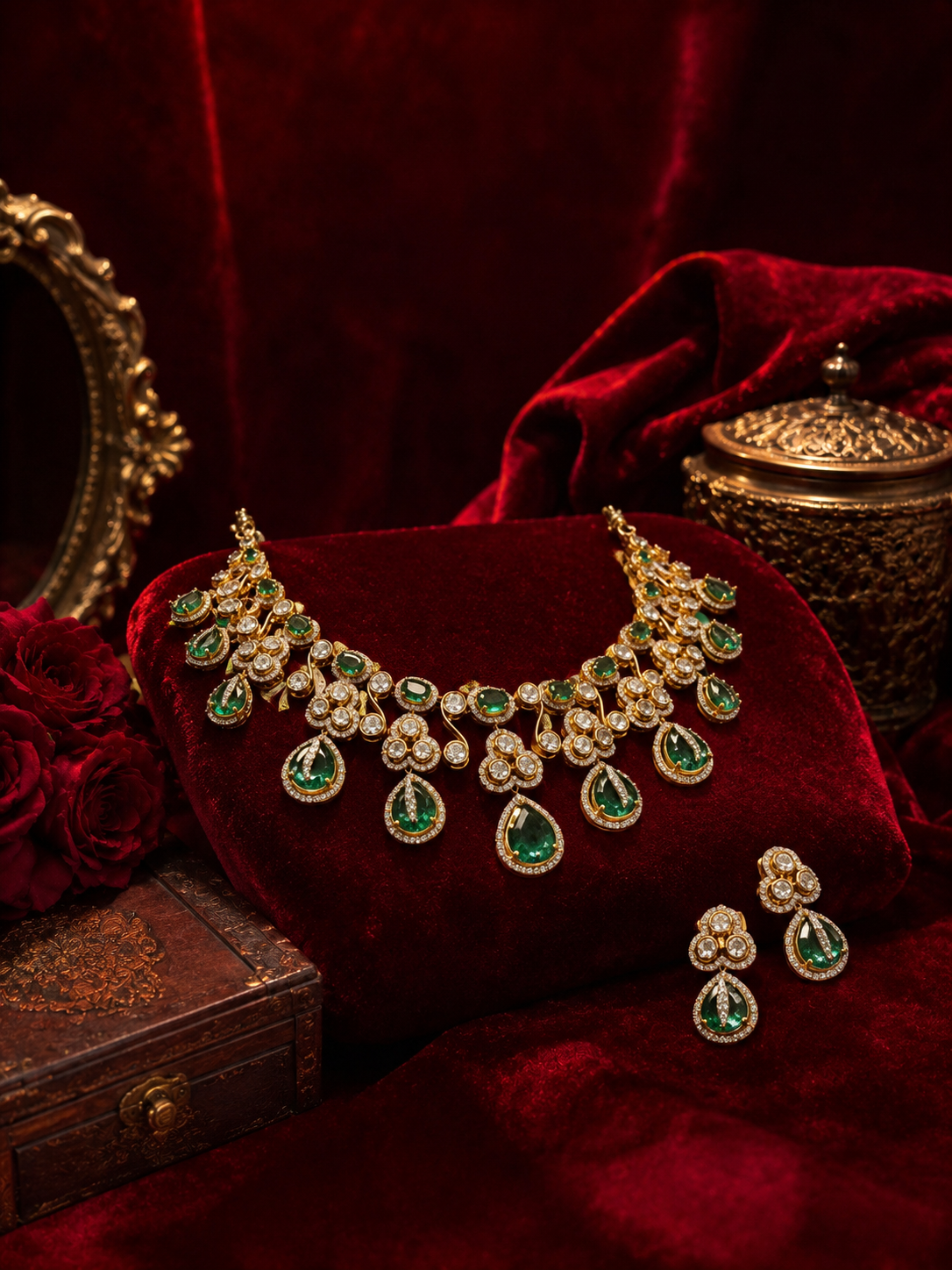 Emerald and diamond necklace set arranged on red velvet